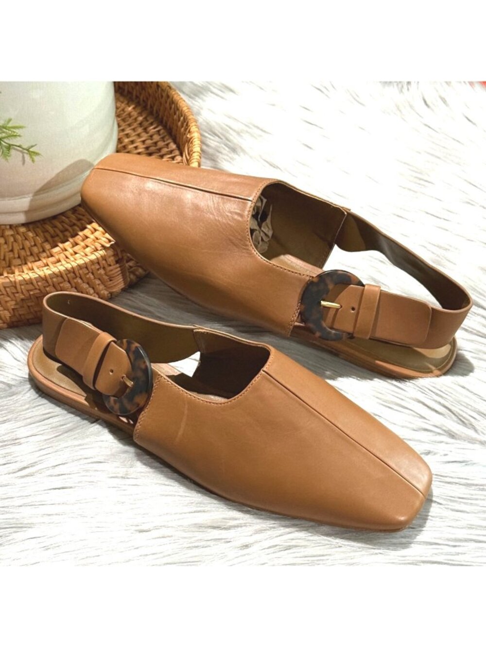 size 8 Vince CADOT tan leather square-toe slingback flats tortoise buckle $275